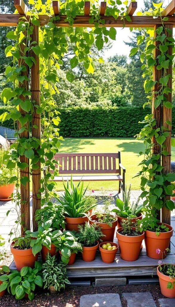 A charming container garden trellis effortlessly blends form and function. In the foreground, a sturdy wooden trellis supports thriving vines and climbing plants, their lush foliage cascading gracefully. Nestled around the base, a collection of terracotta pots overflows with vibrant herbs and vegetables, creating a harmonious vertical garden. Dappled sunlight filters through the trellis, casting a warm, natural glow that accentuates the organic textures. In the middle ground, a weathered wooden bench invites relaxation, while the background features a neatly manicured lawn and a backdrop of verdant trees, evoking a sense of tranquility. The overall scene conveys a sense of balance, where the container garden and trellis work in seamless synergy to maximize the available space and cultivate a thriving, space-efficient backyard oasis.