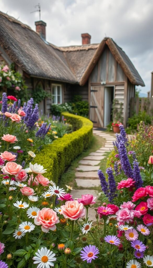 A charming cottage garden bursting with a lush variety of flowers in a quaint, rustic setting. In the foreground, an abundance of colorful blooms including delicate roses, cheerful daisies, and whimsical lavender. In the middle ground, a winding stone path leads through a neatly trimmed hedge. In the background, a cozy cottage with a thatched roof and weathered wooden siding, surrounded by a picket fence draped in cascading vines. Soft, diffused natural lighting filters through wispy clouds, creating a tranquil and inviting atmosphere. The overall scene exudes a sense of timeless, enchanting countryside charm.