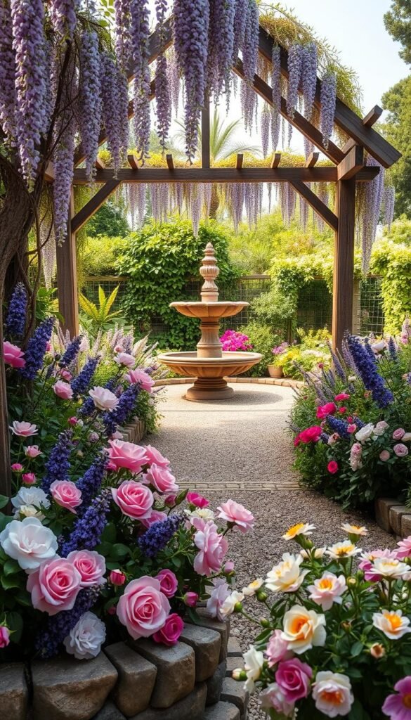 A charming cottage garden bursting with lush florals, centered around an ornate stone fountain. In the foreground, an abundance of colorful blooms - fragrant roses, delicate lavender, and vibrant peonies - spill over weathered stone edging. The middle ground features a winding gravel path leading to the focal point, dappled sunlight filtering through a canopy of trailing vines. Framing the scene, a rustic wooden arbor is draped in cascading wisteria blossoms. The overall composition evokes a sense of timeless English countryside tranquility, inviting the viewer to linger and soak in the romantic ambiance.