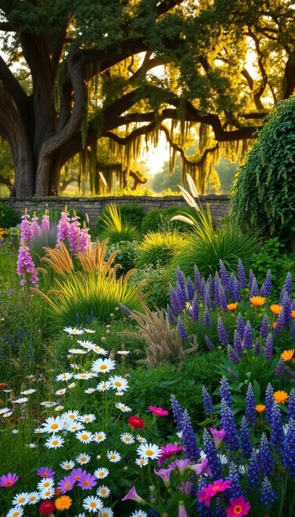 A charming cottage garden overflowing with an abundance of lush, vibrant plants. In the foreground, a colorful tapestry of blooming perennials, including delicate foxgloves, cheerful daisies, and fragrant lavender. In the middle ground, a mix of ornamental grasses and trailing vines cascade down stone walls, adding texture and movement. Framing the scene, a backdrop of towering oak trees filters the golden afternoon sunlight, casting a warm, romantic glow over the entire tableau. The overall effect is one of effortless beauty, inviting the viewer to step into this tranquil, enchanting oasis.