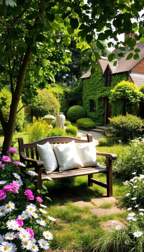 A charming cottage garden with a cozy seating area nestled among vibrant blooms and lush greenery. In the foreground, a rustic wooden bench adorned with plush cushions invites visitors to pause and take in the serene surroundings. Delicate flowers, such as fragrant roses and cheerful daisies, border the seating, creating a whimsical and inviting atmosphere. Dappled sunlight filters through the overhead trees, casting a warm, natural glow across the scene. In the middle ground, a meandering stone path leads deeper into the garden, flanked by verdant shrubs and trailing vines. The background features a quaint, ivy-covered cottage, completing the quintessential cottage garden setting.