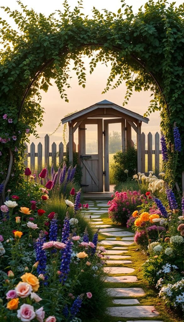 A charming cottage garden with an abundance of blooming flowers, lush greenery, and rustic accents. In the foreground, a colorful mix of traditional English garden flowers such as roses, lavender, and delphiniums line winding stone paths. In the middle ground, a quaint wooden garden shed is nestled among climbing vines and trailing ivy. The background features a picket fence with an arched trellis, framing a hazy countryside landscape bathed in warm, golden afternoon light. The overall atmosphere is one of cozy, timeless serenity, capturing the essence of a quintessential cottage garden.