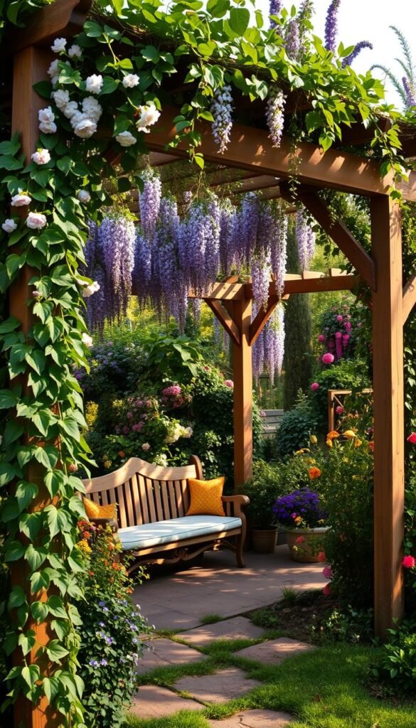 A charming cottage garden with lush, verdant vertical elements. A wooden arbor draped in cascading vines and flowers stands prominently in the foreground, casting delicate shadows across the scene. In the middle ground, a rustic pergola frames a quaint seating area, its intricate latticework supporting a canopy of blooming wisteria. The background features a mix of towering perennials, climbing roses, and other whimsical garden plants, creating a sense of depth and natural abundance. Warm, diffused lighting filters through the foliage, lending a cozy, romantic atmosphere to the idyllic setting.