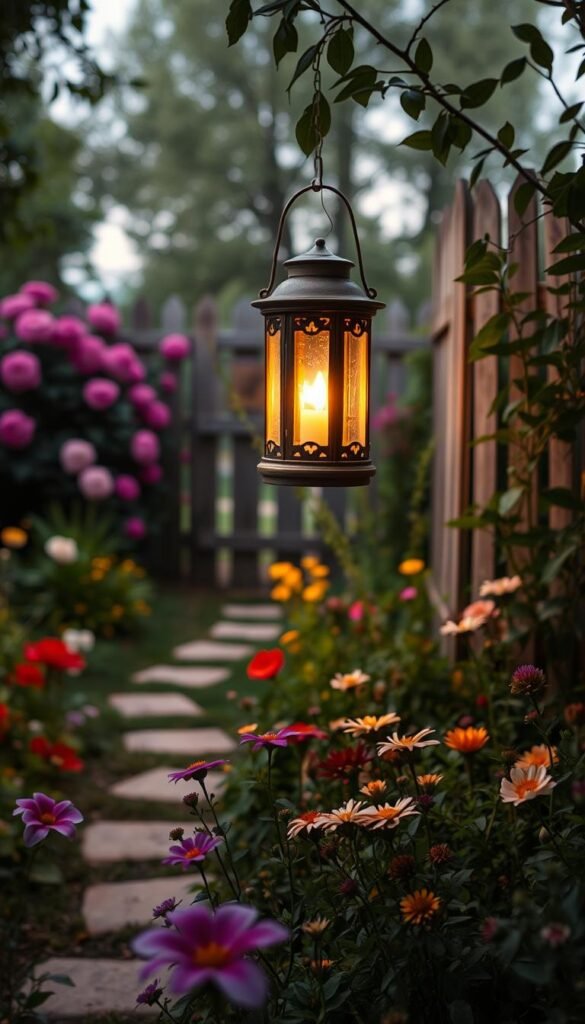 A charming fairy lantern standing in a lush, enchanting garden. The lantern's soft, warm glow illuminates the surrounding foliage, creating a captivating, magical atmosphere. In the foreground, a variety of vibrant flowers and blooming plants sway gently in the evening breeze. The middle ground features a well-tended garden path, winding through the verdant scenery. In the background, a whimsical wooden fence frames the scene, adding to the sense of a cozy, secluded oasis. The lighting is natural, with the lantern's glow complementing the fading daylight. The overall composition evokes a serene, serene and inviting mood, transporting the viewer to a tranquil, fairy-tale-like outdoor space.