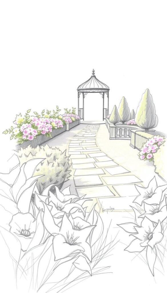 A charming garden design sketch, rendered in a soft, dreamy style. In the foreground, delicate pencil lines trace the outline of lush, flowing flower beds, their petals gently blowing in a warm breeze. The middle ground features a meandering stone pathway, bordered by neatly trimmed hedges and clusters of vibrant blooms. In the distance, a wrought-iron gazebo stands, its intricate silhouette casting playful shadows across the scene. The overall composition conveys a sense of tranquility and inspiration, inviting the viewer to envision the transformation of this sketch into a beautifully realized garden oasis.