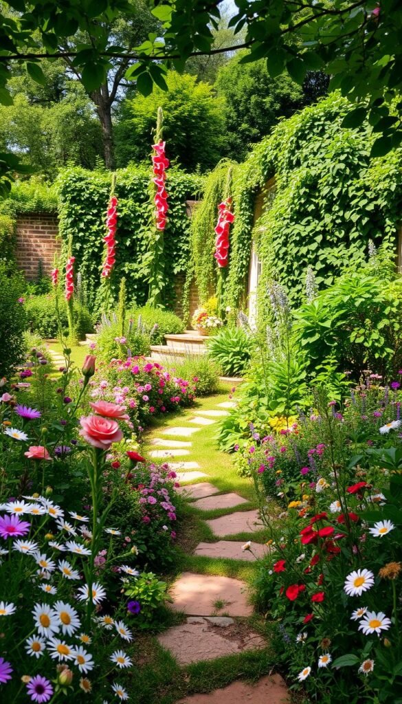 A charming, informal cottage garden bursting with a vibrant mix of flowers and lush, overgrown shrubs. In the foreground, a winding, meandering path leads through a colorful array of blooms - delicate wildflowers, fragrant roses, and cheerful daisies. The middle ground is filled with a lush tangle of verdant foliage, with towering hollyhocks and rambling vines cascading over weathered stone walls. Bathed in soft, natural light that filters through a canopy of trees, creating dappled shadows that dance across the scene. An inviting, rambler-style oasis that epitomizes the whimsical, romantic charm of the quintessential cottage garden aesthetic.