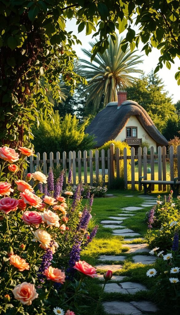 A charming, lush cottage garden bathed in golden afternoon light. In the foreground, a vibrant medley of blooming flowers - fragrant roses, billowing lavender, and cheerful daisies. A winding stone path leads the eye through the verdant scene, past a quaint wooden bench nestled beneath a trellis draped with cascading vines. In the middle ground, a picket fence frames the view, its weathered boards contrasting with the abundant greenery. Beyond, a traditional thatched-roof cottage sits nestled among fruit trees, their branches heavy with ripe produce. The overall impression is one of tranquility, coziness, and a connection to nature.