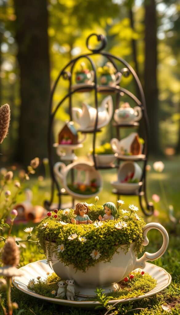 A charming teacup fairy garden set in a warm, golden afternoon light. In the foreground, a dainty, porcelain teacup overflows with lush, verdant moss and delicate wildflowers. Miniature fairy figurines sit amongst the blossoms, gazing whimsically. In the middle ground, a wrought-iron stand holds an array of mismatched teacups, each home to a tiny, enchanted scene - a fairy swing, a miniature greenhouse, a winding pathway. The background depicts a tranquil forest with dappled sunlight filtering through the trees, hinting at the magical realm beyond. An atmosphere of enchantment and nostalgic, vintage elegance pervades the entire composition.