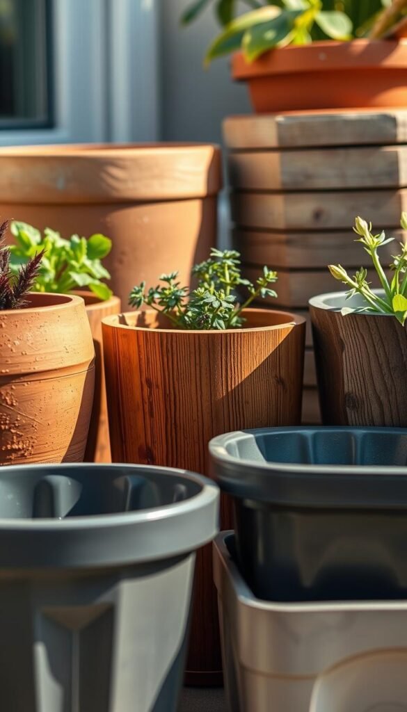 A close-up comparison of various organic container materials for urban gardening, featuring terracotta, wooden planters, and recycled plastic bins. Warm, natural lighting illuminates the textured surfaces, highlighting the unique qualities of each material. The containers are arranged in a visually appealing, symmetrical layout, allowing the viewer to examine and contrast the materials side-by-side. The overall mood is informative and educational, inviting the viewer to consider the best options for their balcony garden. Captured with a shallow depth of field to emphasize the tactile details of the containers.