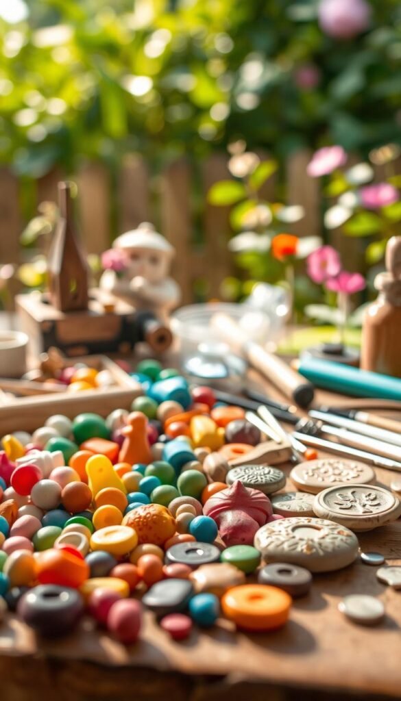 A close-up image of a variety of polymer clay materials arranged on a wooden surface, illuminated by soft, natural lighting. In the foreground, an assortment of colorful polymer clay shapes, including beads, small figurines, and textured discs. In the middle ground, a selection of polymer clay tools and accessories, such as rolling pins, sculpting tools, and decorative embellishments. The background features a blurred, out-of-focus representation of a lush, green outdoor environment, suggesting a connection to nature and a backyard fairy garden setting.