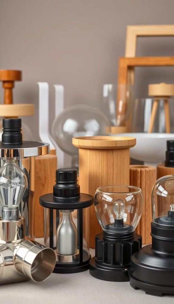 A close-up shot of various lighting fixture materials arranged on a neutral background. In the foreground, sleek metallic fixtures in chrome, brass, and black finishes catch the light, showcasing their intricate details and textures. In the middle ground, smooth glass diffusers and shades in a range of shapes and sizes stand out. The background features a selection of wooden lamp bases and frames, their natural grain and hues providing a warm, organic contrast. The lighting is soft and even, highlighting the materials' qualities without creating harsh shadows. The overall composition emphasizes the diverse range of materials and styles available for creating the perfect lighting setup for any outdoor space.