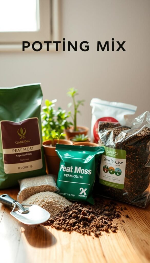 A close-up still life of various potting mix ingredients arranged on a wooden table, lit by soft natural light streaming in from a window. In the foreground, bags of peat moss, vermiculite, and compost are displayed alongside a small gardening trowel. The middle ground features a few small potted plants and a bag of slow-release fertilizer pellets. The background has a minimalist, clean aesthetic, allowing the materials to be the focal point. The overall mood is earthy, nurturing, and informative, conveying the importance of quality soil for successful container gardening.