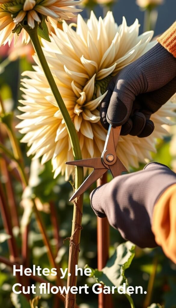 A close-up view of a gardener's hands carefully pruning the stems of a healthy dahlia plant, showcasing proper pruning techniques. The foreground features the gardener's gloved hands and pruning shears delicately snipping away dead or damaged stems, revealing vibrant green, sturdy stems underneath. The middle ground displays the lush, full dahlia plant with its iconic feathery foliage. The background is softly blurred, creating a sense of focus on the intricate pruning process. The lighting is natural, casting a warm, golden glow over the scene, emphasizing the care and attention required for maintaining a thriving dahlia cut flower garden.