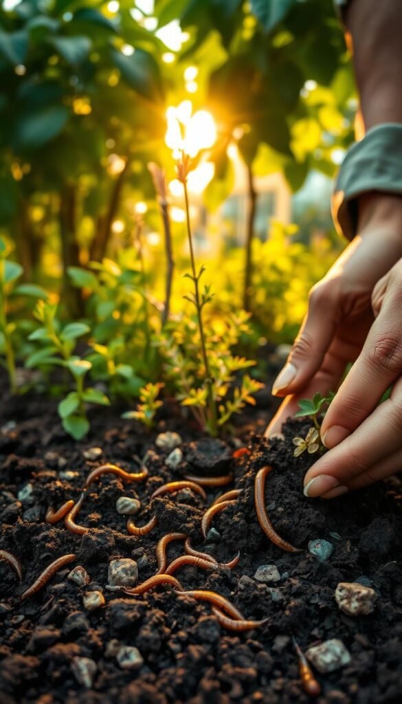 A close-up view of a gardener's hands carefully sifting through rich, dark soil, revealing earthworms, pebbles, and organic matter. The soil is set against a backdrop of lush, vibrant greenery, including a variety of plants and herbs in the middle ground. Warm, golden sunlight filters through the leaves, casting a gentle glow over the scene. The angle is slightly elevated, providing a detailed and immersive perspective of the soil assessment process. The overall mood is one of tranquility, curiosity, and a deep connection to the natural world.