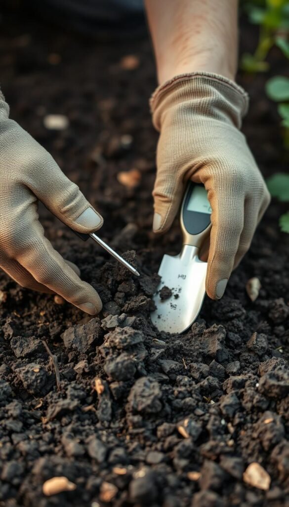 A close-up view of a person's hands carefully testing soil in a garden. The soil is dark, rich, and crumbly, with visible organic matter. The person is wearing gardening gloves and is using a soil pH meter and a small trowel to gather and examine the soil sample. Soft, natural lighting illuminates the scene, highlighting the textures and colors of the soil. The background is blurred, placing the focus entirely on the soil testing process. The overall mood is one of diligent preparation, with a sense of anticipation for the successful growing season to come.