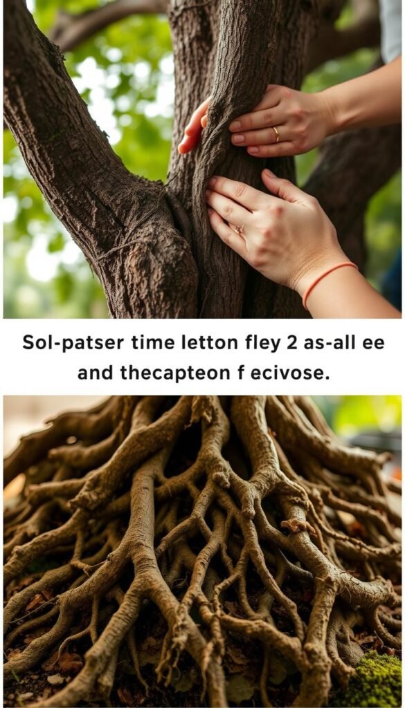 A close-up view of a tree root system, with detailed steps showcasing the inspection and preparation process. The foreground features the exposed roots, their intricate textures and shapes highlighted by soft, diffused lighting. The middle ground depicts a gardener's hands carefully examining the roots, assessing their condition. The background subtly blurs into a serene, natural setting, evoking a sense of connection between the tree and its environment. The image conveys a sense of care, attention to detail, and the importance of properly preparing the tree root area for a fairy garden landscape.
