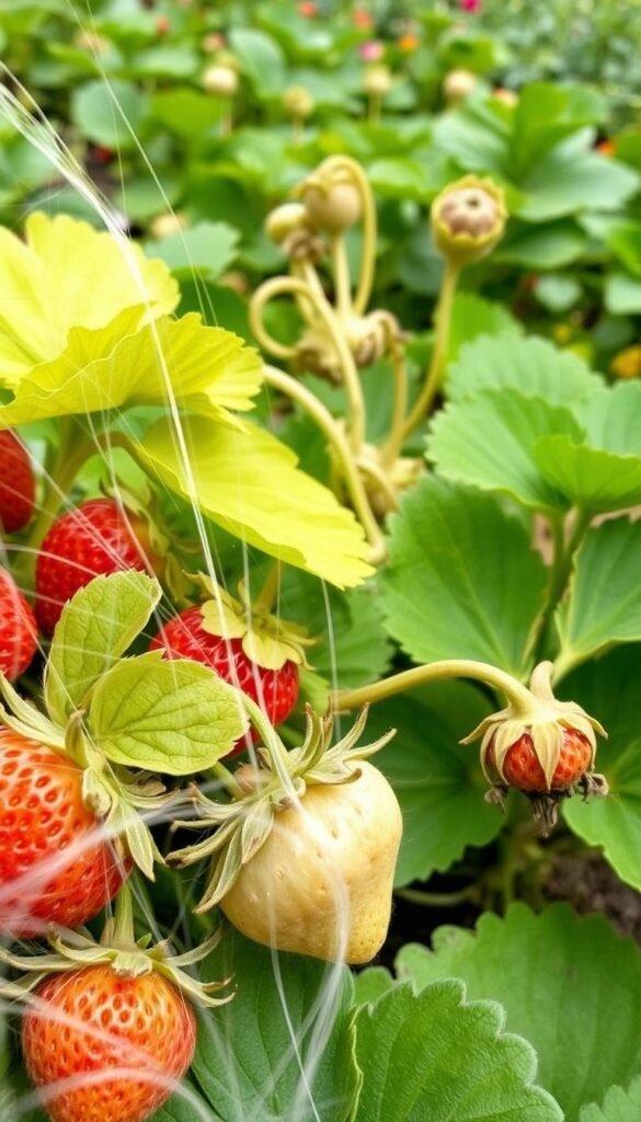 A close-up view of common strawberry pests and the damage they cause to the plant's leaves, stems, and fruit. In the foreground, a cluster of plump, ripe strawberries is partially obscured by a web of fine threads, indicating the presence of spider mites. Surrounding the strawberries are the yellowed, mottled leaves and shriveled stems, the telltale signs of aphid and thrips infestation. In the middle ground, a mature strawberry plant with twisted, deformed leaves and discolored spots, ravaged by the feeding of strawberry sap beetles. The background is a lush, verdant strawberry patch, hinting at the garden's overall health before the pests took hold. The lighting is soft and natural, with a shallow depth of field to emphasize the details of the damaged plant parts.