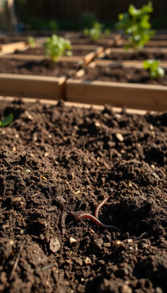 A close-up view of raised garden beds showcasing the distinct soil layers, bathed in warm, natural lighting. The foreground features the rich, dark topsoil, teeming with organic matter and earthworms, transitioning into a middle layer of nutrient-dense compost. The background reveals the underlying mineral-rich subsoil, all captured through a shallow depth of field that emphasizes the soil's intricate structure. The scene conveys a sense of productivity, fertility, and the thoughtful preparation of an inviting growing space.