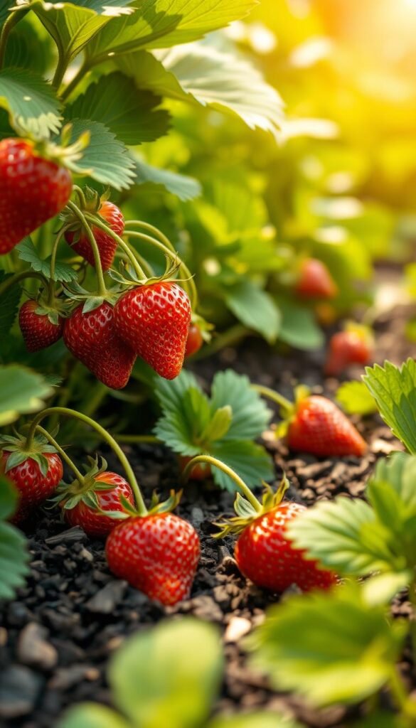 A close-up view of ripe, luscious strawberries growing amidst a lush, verdant garden backdrop. The strawberries are nestled in nutrient-rich, dark brown organic fertilizer, composed of decomposed plant matter and animal manure. Warm, golden sunlight filters through the scene, casting a soft, natural glow on the strawberries and the surrounding foliage. The image conveys the bountiful, vibrant, and wholesome benefits of using organic fertilizers to nourish and sustain a thriving strawberry patch.