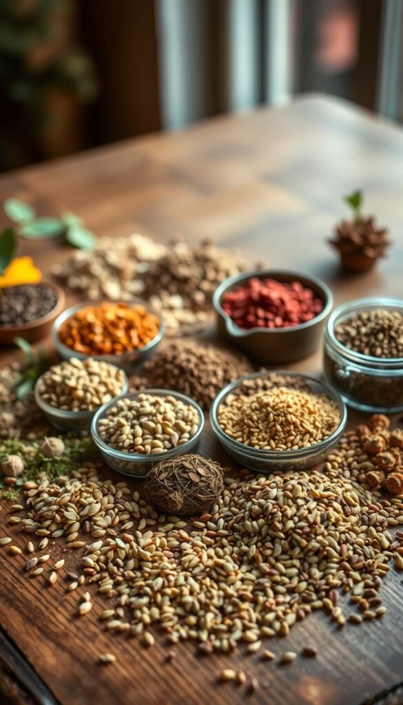 A collection of various medicinal herb seeds arranged artfully on a wooden table, with soft, warm lighting illuminating the scene. The seeds are displayed in small bowls or glass jars, showcasing their vibrant colors and intricate textures. The background is blurred, allowing the focus to remain on the delicate seeds that are the essence of a medicinal herb garden. The overall mood is one of tranquility and reverence for the natural remedies these seeds will eventually produce.