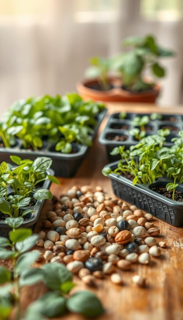 A comparison of healthy seedlings and viable seeds on a natural, wooden garden table. In the foreground, two trays of lush, verdant seedlings in various stages of growth, their delicate leaves gently unfurling. In the middle, a scatter of diverse vegetable seeds in an array of shapes and colors, each one a promise of future bounty. The background features a soft, diffused natural light, casting a warm, earthy glow across the scene. The overall mood is one of anticipation and possibility, inviting the viewer to consider the magic of the growing process. Captured with a shallow depth of field, using a macro lens to highlight the intricate details of the subjects.