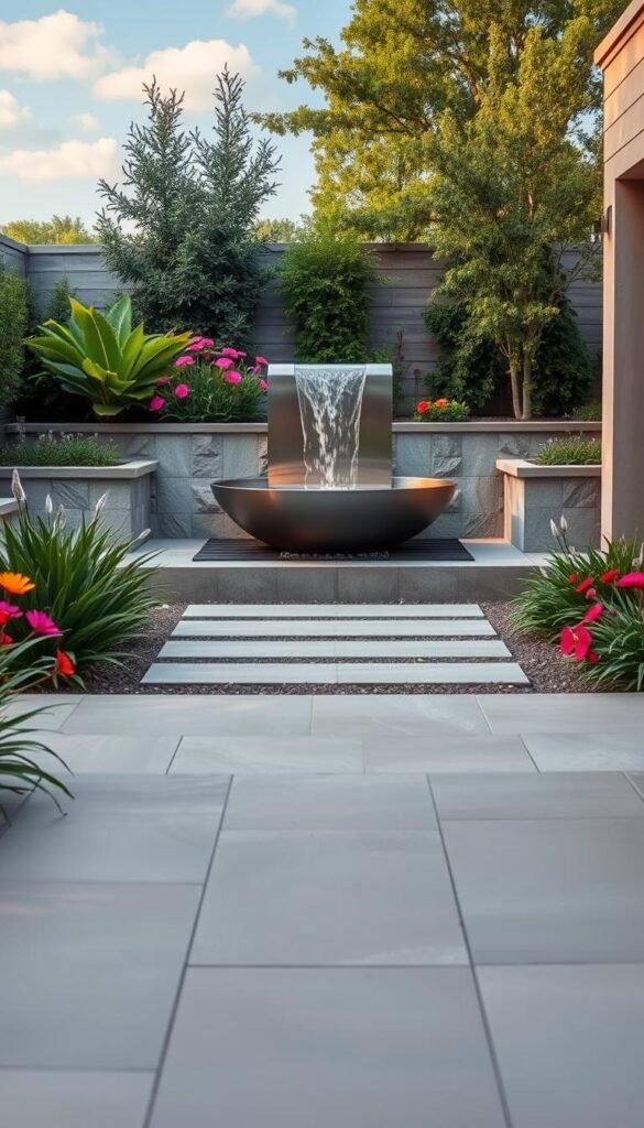 A contemporary outdoor setting showcasing an elegant material selection. In the foreground, a sleek stone patio with smooth, minimalist pavers in shades of warm gray. Surrounding the patio, lush vegetation in rich greens and vibrant florals create a serene, natural backdrop. In the middle ground, a modern water feature in brushed metal reflects the sky above, its gentle flow adding a soothing ambiance. The lighting is soft and diffused, casting a warm, inviting glow across the scene. The overall composition exudes a sense of refined sophistication, seamlessly blending the built and natural elements to define a harmonious, modern outdoor space.