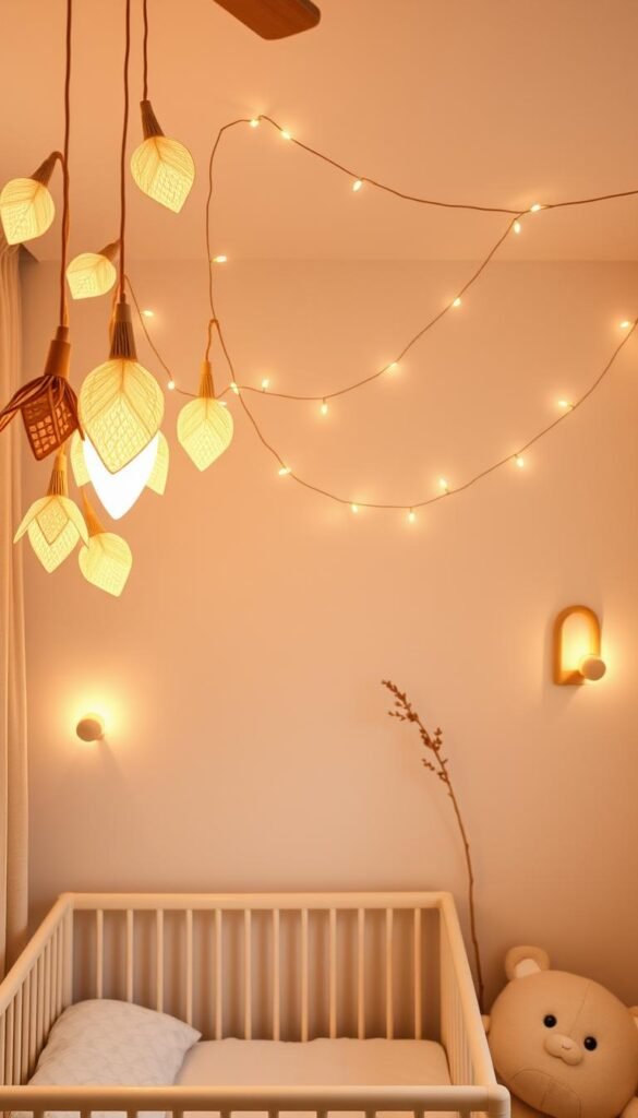 A cozy and inviting nursery with a playful lighting design. Soft, warm-toned pendant lights in organic shapes, like whimsical leaves or clouds, gently illuminate the space. Strings of fairy lights drape across the ceiling, creating a twinkling, magical ambiance. Subtle, nature-inspired wall sconces cast a soothing glow, complementing the overall earthy, tranquil color palette. The lighting fixtures are designed with natural materials like wood, rattan, or soft fabric, blending seamlessly with the serene, biophilic atmosphere. The result is a nurturing, enchanting environment that inspires imagination and wonder in young children.