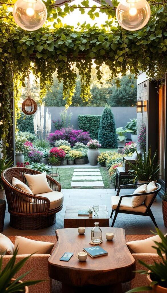 A cozy and inviting outdoor room with creative seating arrangements. In the foreground, a circular wicker loveseat with plush cushions sits beneath a canopy of lush, trailing vines. In the middle ground, a pair of modern, minimalist armchairs flank a low coffee table made of reclaimed wood. The background features a well-manicured garden with vibrant flowers and greenery, bathed in warm, golden afternoon light. Soft lighting fixtures illuminate the space, creating a serene and tranquil ambiance. The overall scene exudes a sense of relaxation and a harmonious blend of nature and contemporary design.