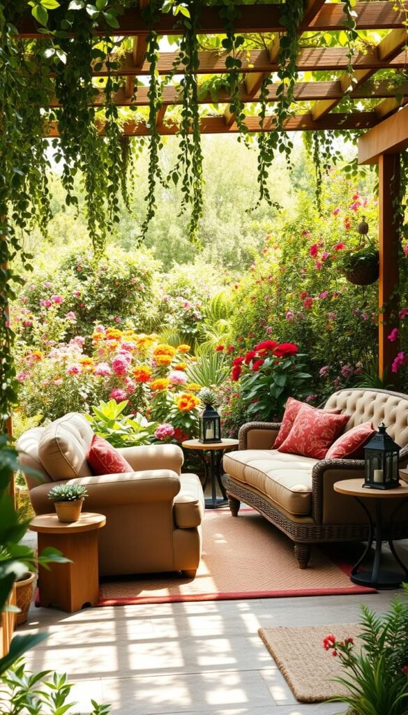 A cozy and inviting seating area nestled among a lush, vibrant garden. A plush, oversized armchair and a comfy, tufted loveseat sit atop a plush, woven area rug, inviting relaxation. Wooden end tables with potted succulents and a small side table with a decorative lantern flank the seating. Overhead, a pergola draped with cascading vines casts a warm, dappled light across the scene. In the background, a variety of colorful flowers bloom, creating a serene and tranquil atmosphere. The overall mood is one of calm, comfort, and connection with nature.