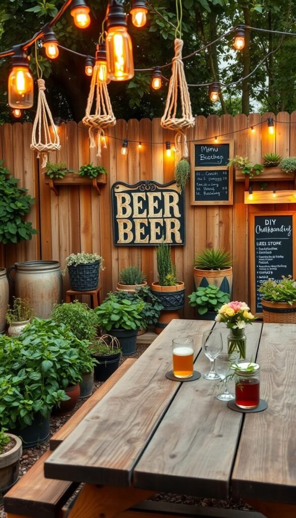 A cozy backyard beer garden with rustic DIY decor elements. In the foreground, a cluster of string lights and hanging macrame plant holders cast a warm glow over a weathered wooden picnic table set with craft beer glasses and simple floral centerpieces. In the middle ground, a mix of potted herbs, succulents, and other lush greenery line the perimeter, complemented by a large, antique-inspired metal beer sign. The background features a wooden privacy fence adorned with repurposed wooden planters, string lights, and a charming DIY chalkboard menu. The scene is bathed in soft, natural lighting with a lens that captures the inviting, casual atmosphere.