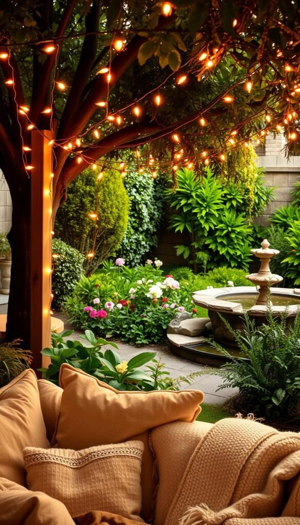 A cozy, enchanting backyard scene with a lush, verdant garden. In the foreground, a warm, inviting seating area with plush cushions and a cozy throw. Hanging overhead, a delicate, twinkling installation of fairy lights, their soft glow illuminating the space. The lights are strung between trees and posts, creating a whimsical, magical atmosphere. In the middle ground, a variety of thriving plants and flowers, their vibrant colors complementing the gentle luminescence. In the background, a tranquil water feature, its soothing sounds adding to the serene ambiance. The whole scene is bathed in a golden, nostalgic light, creating a sense of peaceful, intimate retreat.