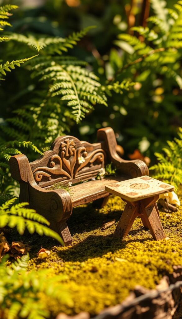A cozy fairy bench and table, handcrafted from natural materials. In the foreground, a rustic wooden bench with intricate carvings, adorned with delicate moss and tiny flowers. Beside it, a matching popsicle stick table, its surface textured with cork accents. Warm, soft lighting illuminates the scene, casting gentle shadows and creating an inviting, whimsical atmosphere. The arrangement is set against a lush, verdant backdrop, with ferns and foliage surrounding the miniature furniture, evoking a tranquil, enchanted forest. The overall composition conveys a sense of timeless charm and DIY craftsmanship, perfect for a fairy-themed garden display.
