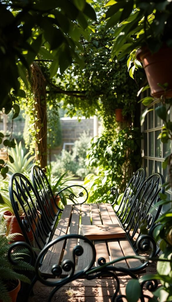 A cozy garden corner with a wrought-iron bench nestled amid lush foliage. Dappled sunlight filters through the canopy of overhanging trees, casting a warm glow on the weathered wooden slats. Potted ferns and trailing vines frame the scene, creating a peaceful, secluded atmosphere. A worn leather-bound book rests on the bench, inviting the viewer to pause and immerse themselves in a moment of tranquility. The angle captures the bench in three-quarter view, highlighting its elegant curved design and the inviting, intimate space it occupies within the tranquil garden setting.