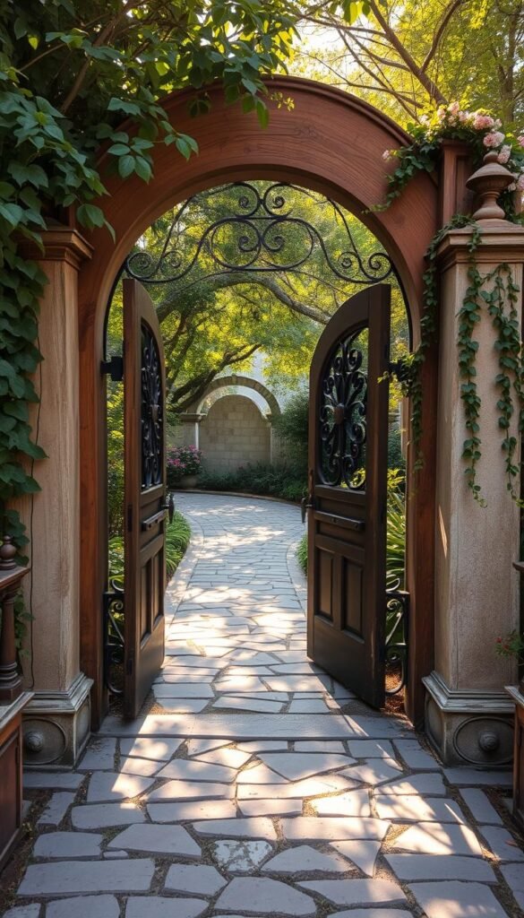 A cozy garden oasis comes alive with a charming wooden gate, its arched entrance framed by lush greenery and rustic architectural accents. Ornate wrought-iron details adorn the gate, casting intricate shadows on the flagstone path leading deeper into the enchanting space. Weathered stone pillars flank the entryway, their surfaces adorned with trailing vines and cascading flowers. Warm, diffused sunlight filters through the canopy of overhanging trees, creating a serene, atmospheric glow. A sense of enchantment and tranquility permeates the scene, inviting the viewer to step through the gate and discover the hidden delights of this secret garden sanctuary.