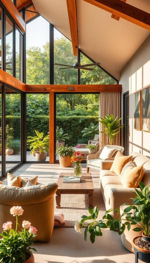 A cozy indoor-outdoor living space, with large windows and sliding glass doors seamlessly blending the boundaries. A lush, verdant garden visible beyond, with potted plants and flowers spilling onto the patio. Warm, natural lighting filters in, casting a soft, inviting glow. Plush, earthy-toned furnishings create a relaxed, comfortable atmosphere. Wooden beams and accents add rustic charm, while sleek, contemporary decor maintains a refined aesthetic. The overall scene exudes a harmonious, tranquil ambiance, where the indoors and outdoors meld together in a captivating, harmonious design.