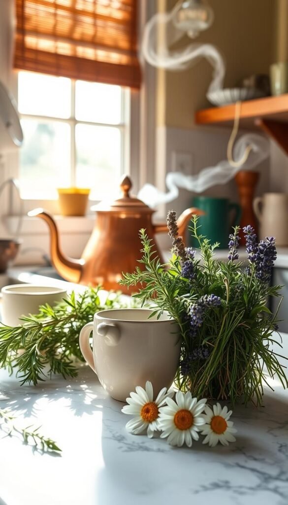 A cozy kitchen counter, sunlight streaming through the window, a collection of freshly harvested garden herbs - rosemary, thyme, lavender, and chamomile - neatly arranged. A ceramic teapot and delicate cups await, ready to steep the homegrown botanicals into a soothing herbal infusion. The scene exudes a sense of tranquility, inviting one to pause and savor the simple pleasures of homemade herbal tea. A copper kettle whistles softly, the steam rising to mingle with the earthy, aromatic scents wafting through the air. The overall composition conveys the joy and wellness of harnessing the power of a home-tended medicinal herb garden.