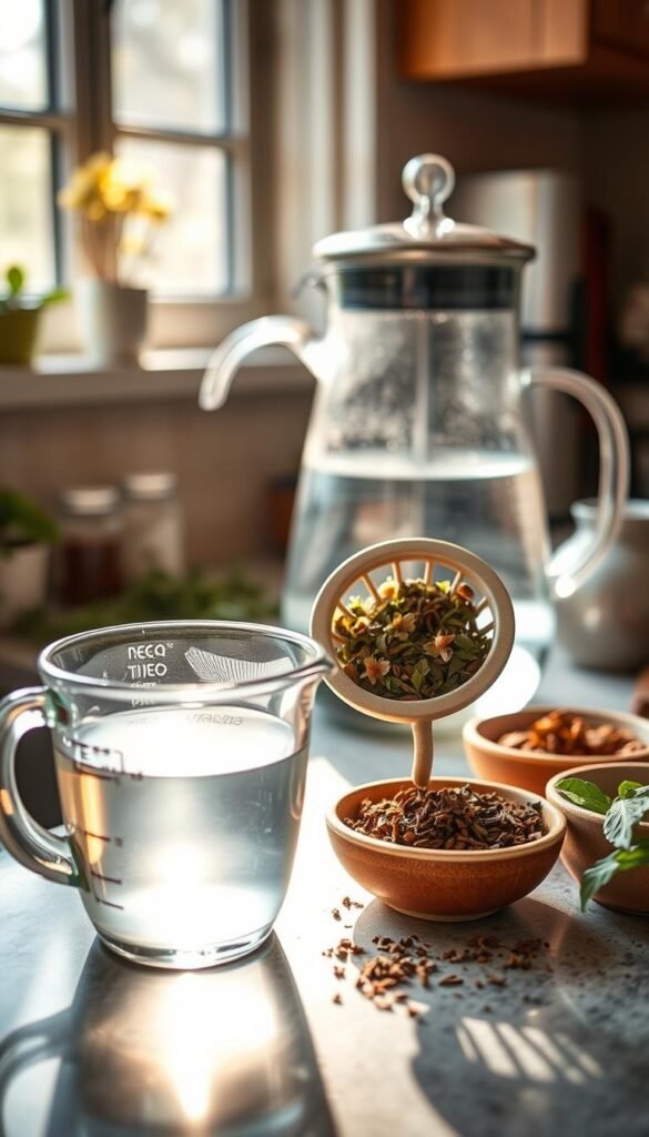 A cozy kitchen counter with an assortment of herbal tea brewing equipment, including a glass teapot, a ceramic tea infuser, and various aromatic herbs and spices. Soft, natural lighting from a nearby window casts a warm glow, accentuating the textures and colors of the scene. In the foreground, a glass measuring cup filled with hot water, ready to be poured over the tea leaves. The middle ground features the tea infuser, its intricate design allowing the herbs to steep and release their beneficial compounds. In the background, a selection of dried herbs, such as chamomile, peppermint, and lemon balm, neatly arranged in small bowls, suggesting the diverse range of herbal teas that can be prepared. The overall atmosphere is one of tranquility and mindfulness, inviting the viewer to engage in the ritual of herbal tea brewing.
