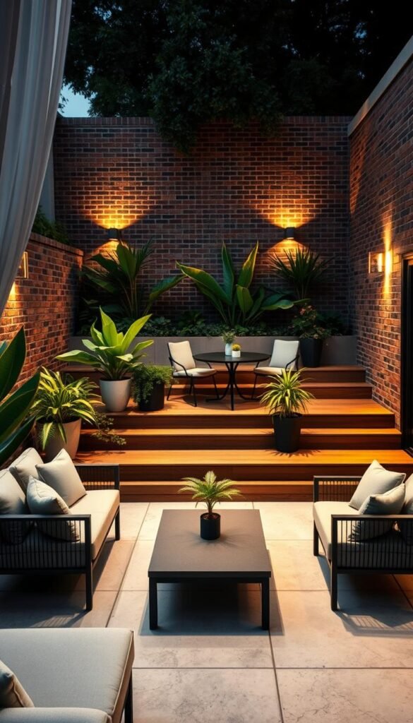 A cozy multi-use patio design with a sleek modern aesthetic. In the foreground, a stylish outdoor sofa and chairs in neutral tones, arranged around a low, minimalist coffee table. The middle ground features a raised wooden deck, with lush potted plants and a small dining table with chairs. In the background, a brick or stone wall serves as a backdrop, with strategically placed wall-mounted lighting fixtures casting a warm, inviting glow. The scene is illuminated by soft, diffused natural light, conveying a serene and relaxing atmosphere, perfect for a variety of outdoor activities - from intimate gatherings to quiet moments of contemplation.