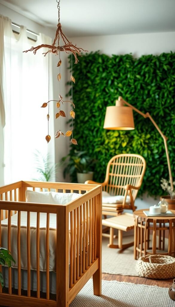 A cozy, natural-toned nursery with sustainable furniture and decor. In the foreground, a handcrafted wooden crib with organic cotton bedding and a mobile of woven leaves and twigs. In the middle ground, a rocking chair made of bamboo and a side table of reclaimed wood. The background features a lush, verdant wall tapestry and a floor lamp with a hemp shade. Soft, warm lighting filters through the space, creating a serene, eco-friendly atmosphere. The overall design celebrates natural materials and textures, inviting a sense of tranquility and connection to the outdoors.