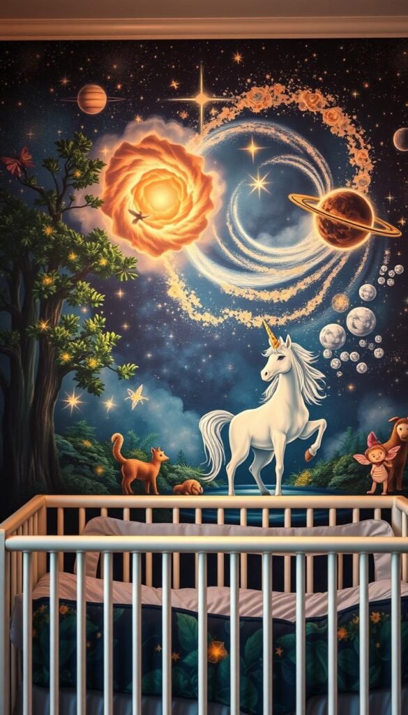A cozy nursery wall, adorned with enchanting, magical wall art. In the foreground, a whimsical forest scene unfolds, with glowing fireflies and delicate fairies dancing amidst the lush, verdant foliage. The middle ground features a majestic unicorn, its horn shimmering with a ethereal glow, standing beside a crystalline pool reflecting the starry night sky. In the background, a swirling display of cosmic energy, with shimmering nebulae and planets, creates a sense of wonder and boundless imagination. The lighting is soft and warm, casting a dreamlike atmosphere, while the composition is balanced and harmonious, inviting the viewer to step into this enchanted world.