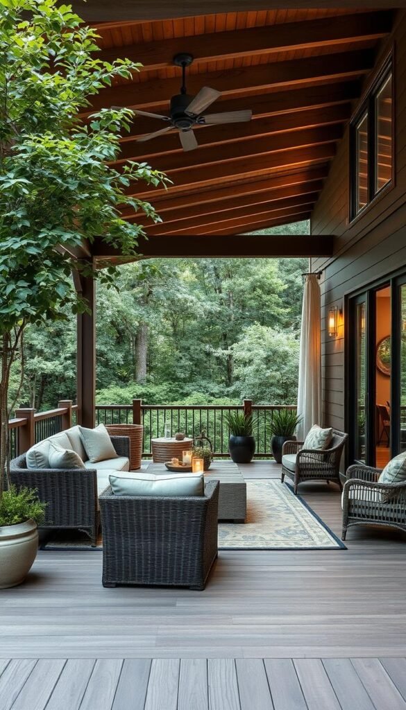 A cozy outdoor deck seamlessly blending with an inviting indoor living space. Plush seating areas, warm wood tones, and lush greenery create a harmonious atmosphere. Soft, diffused lighting casts a gentle glow, accentuating the elegant transitional design. Minimalist furnishings and natural materials like stone and rattan evoke a sense of contemporary, yet timeless elegance. The deck's thoughtful layout and sightlines offer a fluid connection between the indoors and the serene, verdant surroundings, fostering a tranquil, cohesive ambiance.