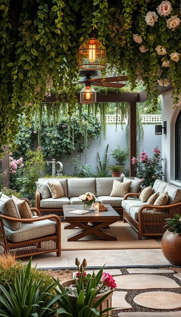 A cozy outdoor living room nestled in a lush garden, with a plush sectional sofa and armchairs arranged around a low wooden coffee table. Cascading greenery and blooming flowers frame the scene, creating a seamless transition between indoor and outdoor spaces. Warm pendant lighting casts a soft glow, while natural textures like woven rugs and natural wood accents lend an earthy, inviting ambiance. Gentle breezes rustling the foliage, the soothing sounds of a nearby water feature, and the scent of fresh florals transport you to a serene, enchanting oasis.