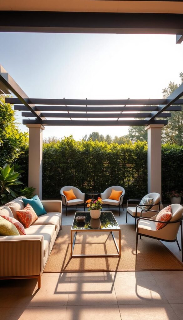 A cozy outdoor oasis with a stylish furniture arrangement. In the foreground, a plush, L-shaped sectional sofa in a neutral tone, accented with vibrant throw pillows. On the middle ground, a glass-topped coffee table with a minimalist metal frame, surrounded by two sleek, low-profile armchairs. In the background, lush greenery and a pergola overhead, casting a warm, dappled light across the scene. The overall mood is one of relaxation and sophisticated charm, inviting the viewer to unwind and enjoy the tranquil outdoor setting.