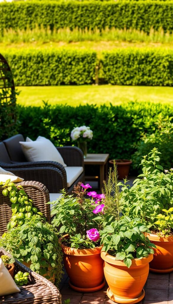 A cozy outdoor seating area with a variety of lush container plants, bathed in warm afternoon sunlight. In the foreground, a comfortable wicker loveseat adorned with plush cushions. Surrounding it, a collection of terracotta pots brimming with thriving greenery - a mix of trailing vines, fragrant herbs, and vibrant flowering plants. In the middle ground, a wooden garden table with a vase of fresh-cut blooms. Beyond, a gently sloping lawn leads the eye to a neatly trimmed hedge, creating a sense of enclosure and privacy. The overall atmosphere is one of tranquility and natural beauty, inviting relaxation and contemplation.