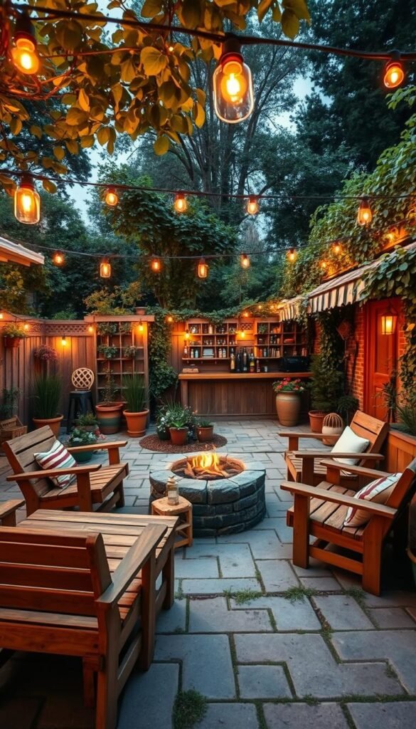 A cozy outdoor seating arrangement in a lush backyard beer garden, illuminated by warm string lights and lanterns. In the foreground, rustic wooden benches and chairs surround a central fire pit, inviting guests to relax and socialize. The middle ground features a mix of potted plants, garden trellises, and a small wooden bar, creating an intimate, convivial atmosphere. In the background, a privacy fence is adorned with climbing vines, blending the space seamlessly with the surrounding natural environment. The scene is captured with a wide-angle lens, emphasizing the depth and scale of the inviting outdoor oasis.
