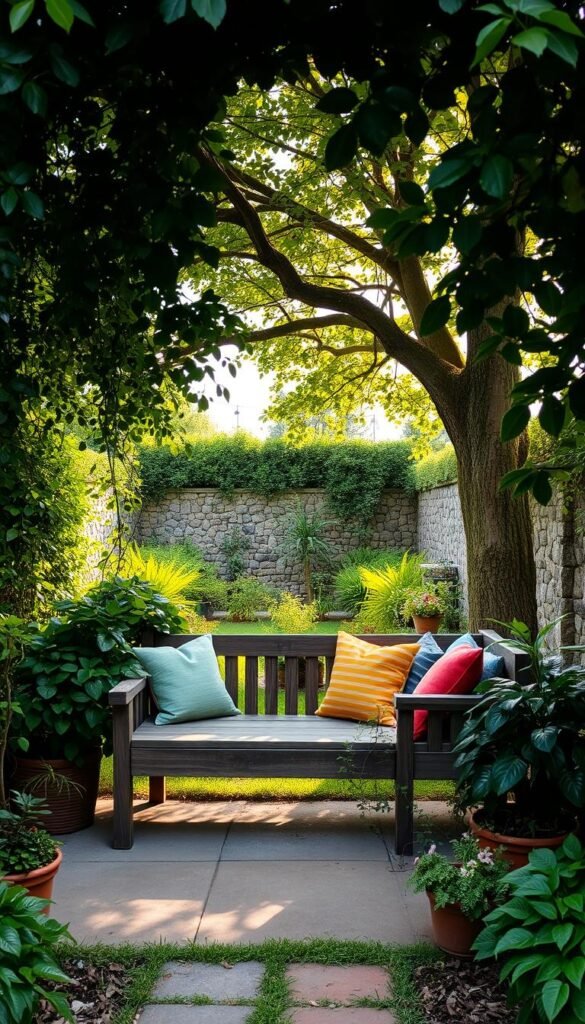 A cozy outdoor seating nook nestled in a lush, verdant garden. In the foreground, a plush, weathered wooden bench adorned with colorful throw pillows invites visitors to relax and unwind. Surrounding the seating area, a variety of thriving potted plants and trailing vines create a serene, intimate atmosphere. In the middle ground, dappled sunlight filters through the canopy of a mature, leafy tree, casting a warm, natural glow. In the background, a stone wall or fence serves as a tranquil backdrop, with string lights or lanterns adding a touch of enchantment as the day fades into evening. The overall scene exudes a sense of peaceful seclusion, perfect for enjoying the beauty of the garden.