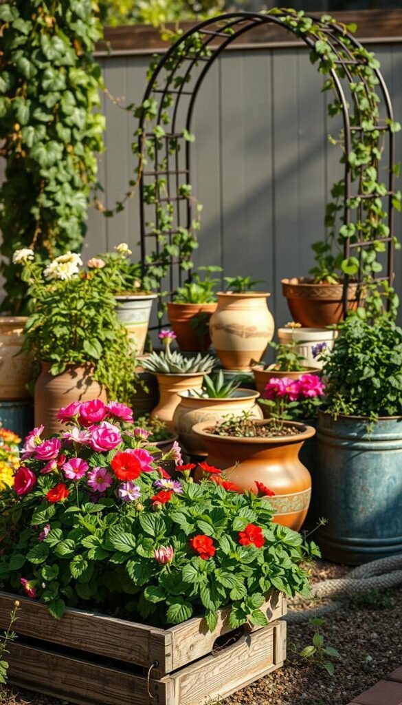 A cozy outdoor setting featuring an array of creatively repurposed garden planters. In the foreground, a rustic wooden crate overflows with vibrant flowers, its weathered charm complementing the lush greenery. In the middle ground, a collection of mismatched ceramic pots and vintage tin containers spill over with cascading vines and trailing plants. The background showcases a beautifully crafted garden arch, its intricate metalwork supporting a trellis of climbing vines. Warm, natural lighting illuminates the scene, casting soft shadows and highlighting the textural details of the repurposed materials. An inspiring display of sustainability and imagination, this image captures the essence of transforming everyday objects into stunning garden features.