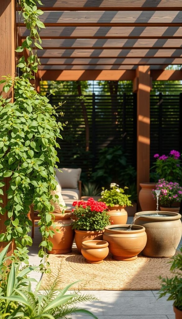A cozy patio oasis, bathed in warm afternoon sunlight, featuring an eclectic harmony of natural elements. In the foreground, a lush, verdant potted plant cascades over the edge of a rustic wooden bench. Scattered around are earthy ceramic planters, each housing a different vibrant flowering shrub. A small, decorative water fountain gurgles peacefully, its gentle trickle creating a soothing ambiance. In the middle ground, a woven area rug grounds the space, its earthy tones complementing the surrounding greenery. In the background, a slatted wooden pergola frames the scene, casting dramatic shadows and creating a sense of enclosure. Overall, the composition exudes a serene, nature-inspired atmosphere, inviting the viewer to pause and bask in the tranquility of this harmonious outdoor living space.