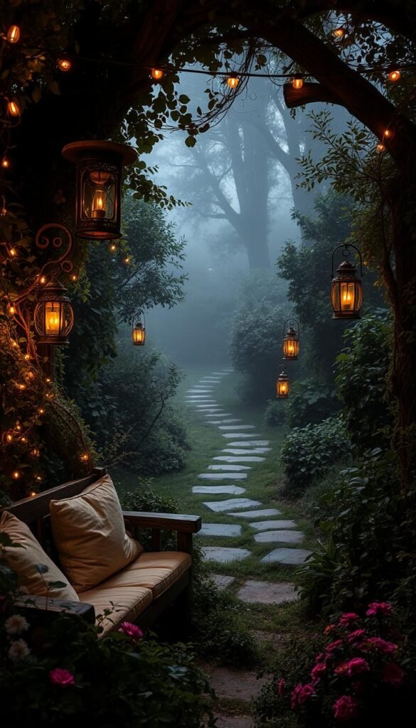 A cozy seating area nestled in a lush, overgrown secret garden, illuminated by a soft glow of twinkling string lights. The foreground features a rustic wooden bench with plush cushions, surrounded by a tangle of vibrant greenery and blooming flowers. In the middle ground, winding stone pathways lead deeper into the hidden oasis, lined with ornate iron lanterns casting a warm, ambient light. The background is shrouded in a dreamy, mist-like atmosphere, with the silhouettes of towering trees and shrubs creating a sense of enchantment and seclusion. The overall mood is one of tranquility, wonder, and a welcoming invitation to escape the outside world.