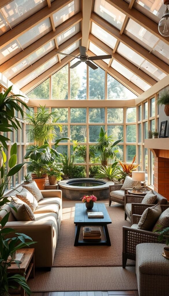 A cozy, sun-drenched garden room showcasing year-round comfort. The space features floor-to-ceiling windows that flood the interior with warm, natural light. Lush, verdant plants and a tranquil water feature create a serene, biophilic ambiance. Plush, inviting seating and textiles in earthy tones evoke a sense of hygge. Strategically placed task lighting and a roaring fireplace add coziness, making this an inviting retreat for relaxation and entertaining, regardless of the season. The room is captured from a slightly elevated angle, highlighting its spacious, harmonious design.